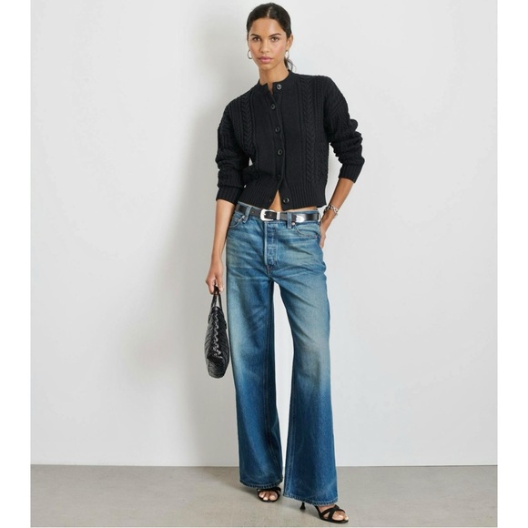 Alex Mill Cable Knit Nico Chunky Cardigan - Black Drop Shoulder Button Up Cardi - Picture 2 of 11